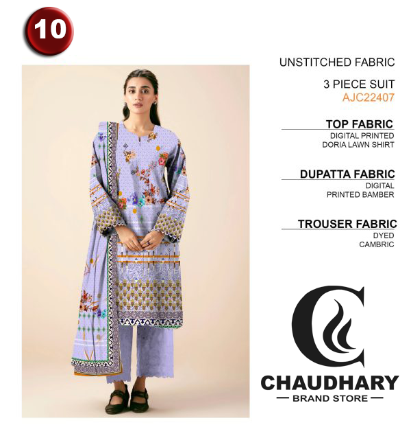 🌼 3 Pcs Lawn Unstitched Fabric – Casual Wear Collection! 🌼 - CHAUDHARY BRAND STORE