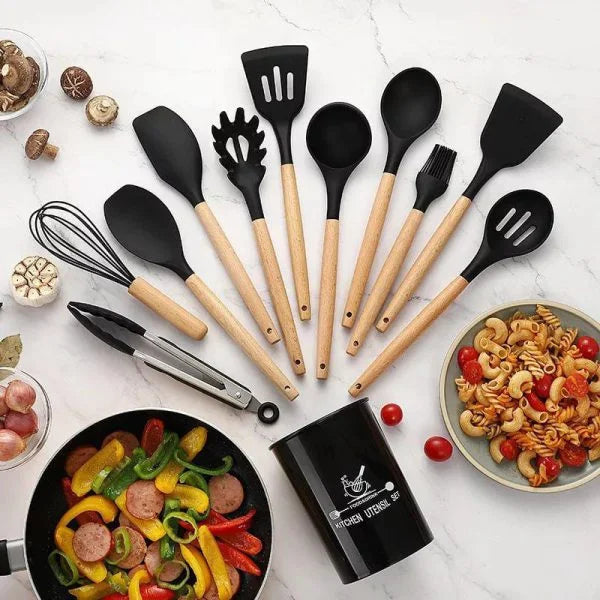 12 Pcs Silicone Kitchen Utensil Set – Non-Stick Cooking Tools with Wooden Handle