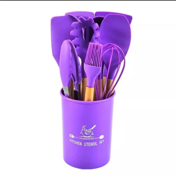 12 Pcs Silicone Kitchen Utensil Set – Non-Stick Cooking Tools with Wooden Handle