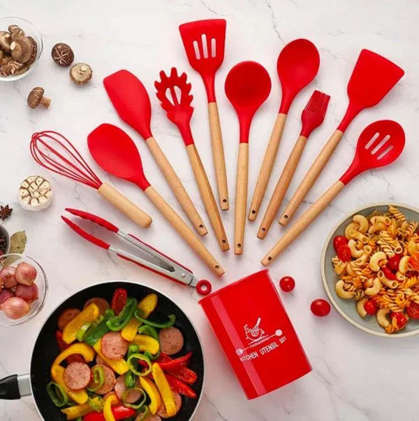 12 Pcs Silicone Kitchen Utensil Set – Non-Stick Cooking Tools with Wooden Handle