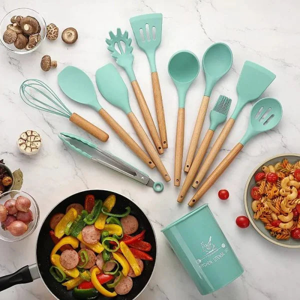 12 Pcs Silicone Kitchen Utensil Set – Non-Stick Cooking Tools with Wooden Handle