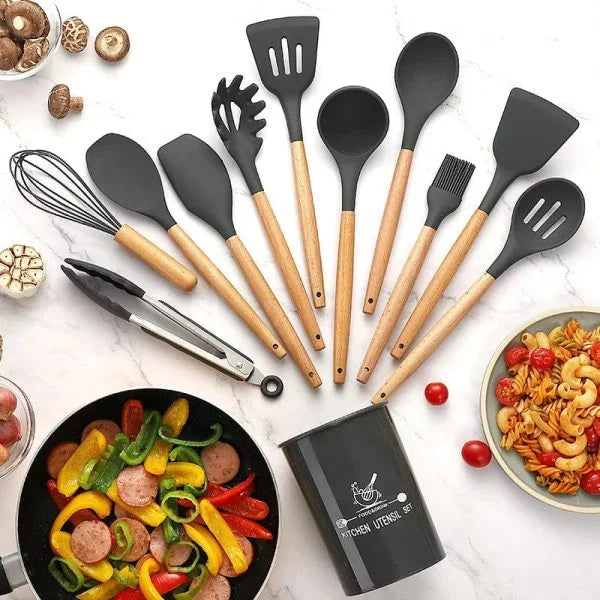 12 Pcs Silicone Kitchen Utensil Set – Non-Stick Cooking Tools with Wooden Handle