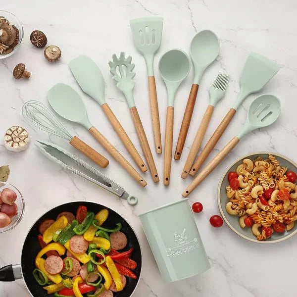12 Pcs Silicone Kitchen Utensil Set – Non-Stick Cooking Tools with Wooden Handle