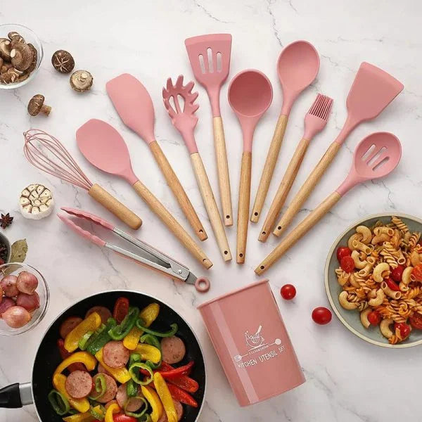 12 Pcs Silicone Kitchen Utensil Set – Non-Stick Cooking Tools with Wooden Handle