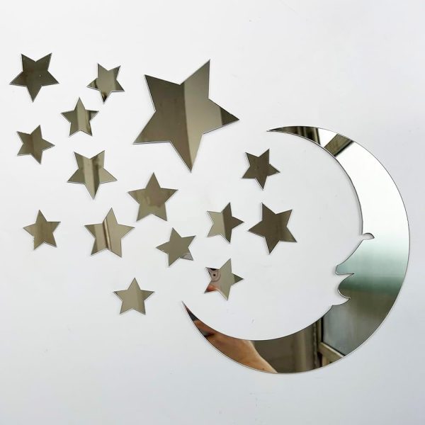 15 Stars And 1 Moon Silver Acrylic Wall Stickers / Stickers Decals For Kids Girls Bedroom Bathroom Playroom - CHAUDHARY BRAND STORE