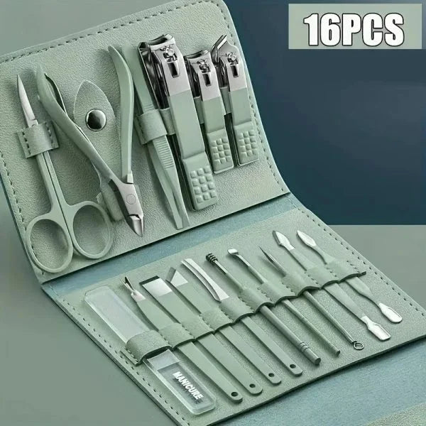 16pcs Professional Manicure & Pedicure Set – Nail Clippers, Cuticle Nippers & Grooming Kit with Travel Case