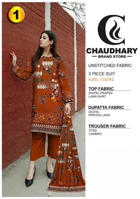 3 Piece Digital Printed Lawn Ladies Unstitched Suit New Collection - CHAUDHARY BRAND STORE