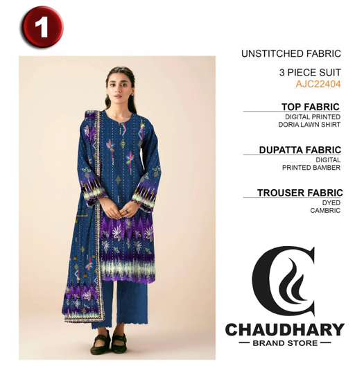 🌼 3 Pcs Lawn Unstitched Fabric – Casual Wear Collection! 🌼 - CHAUDHARY BRAND STORE