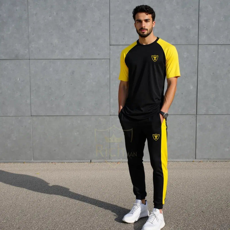 2 Pcs Men's Micro Printed Yellow Black Track Suit - Chaudhary Brand Store 