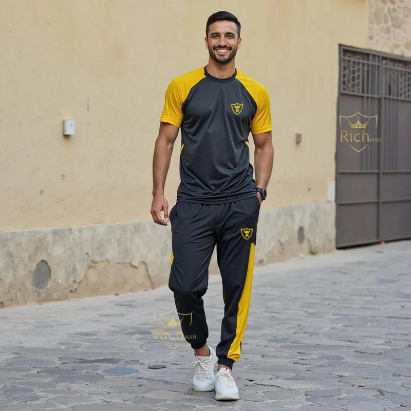 2 Pcs Men's Micro Printed Yellow Black Track Suit - Chaudhary Brand Store 