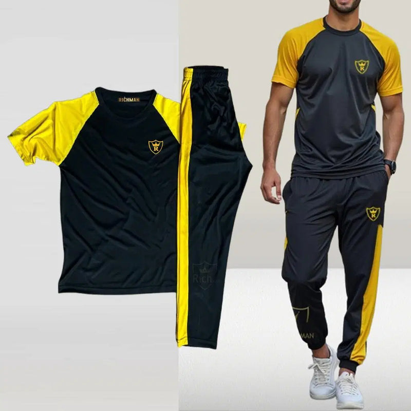 2 Pcs Men's Micro Printed Yellow Black Track Suit - Chaudhary Brand Store 