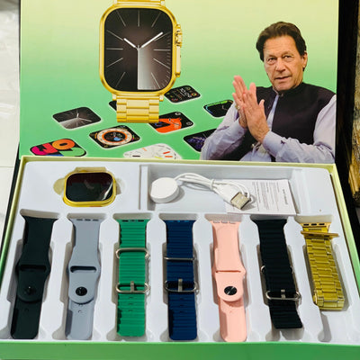 Q804 Imran Khan New Model Watch – Golden Color with 7 Straps & Original Metal Strap