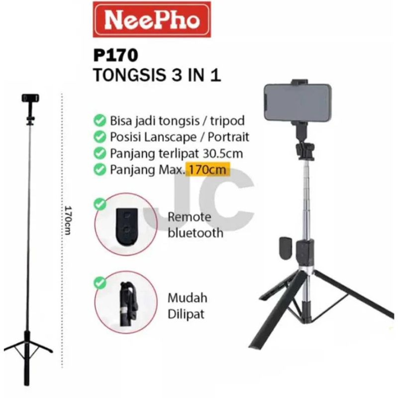 NeePho P170S Selfie Stick Tripod | Extendable , Bluetooth Remote, Universal Smartphone Mount | Durable Metal Build & Lightweight Design