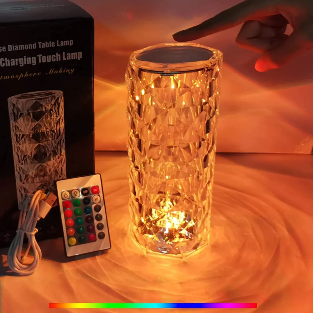 16 Colors Diamond Rose Crystal Touch Lamp | USB Rechargeable Bedside Lamp with Remote
