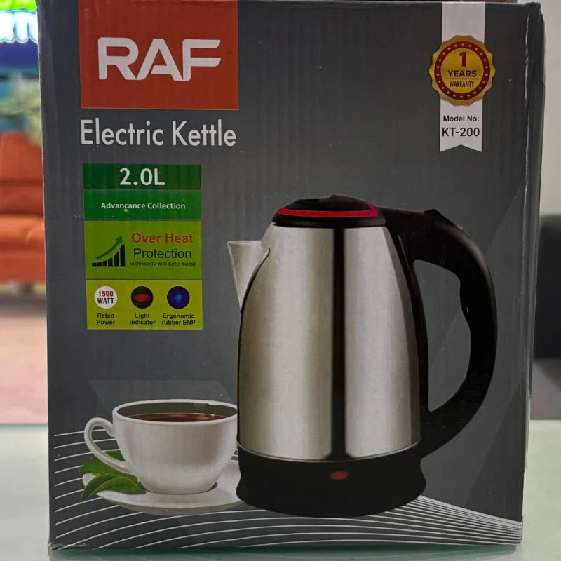 RAF KT-200 Automatic Electric Kettle 2 Liter Stainless Steel Cordless 1500W with Overheat Protection