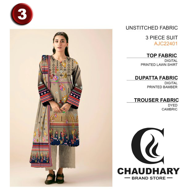 🌼 3 Pcs Lawn Unstitched Fabric – Casual Wear Collection! 🌼 - CHAUDHARY BRAND STORE