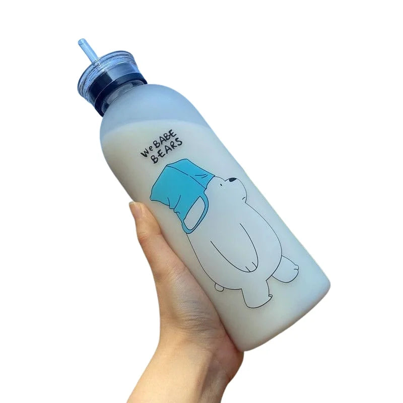We Babe Bears Frosted Plastic Water Bottle with Straw 1000ml | Leakproof BPA-Free Cute Hydration Bottle