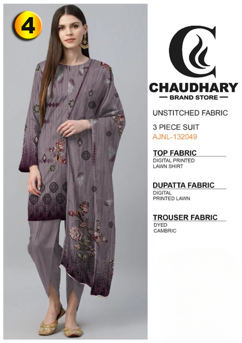 3 Piece Digital Printed Lawn Ladies Unstitched Suit New Collection - CHAUDHARY BRAND STORE