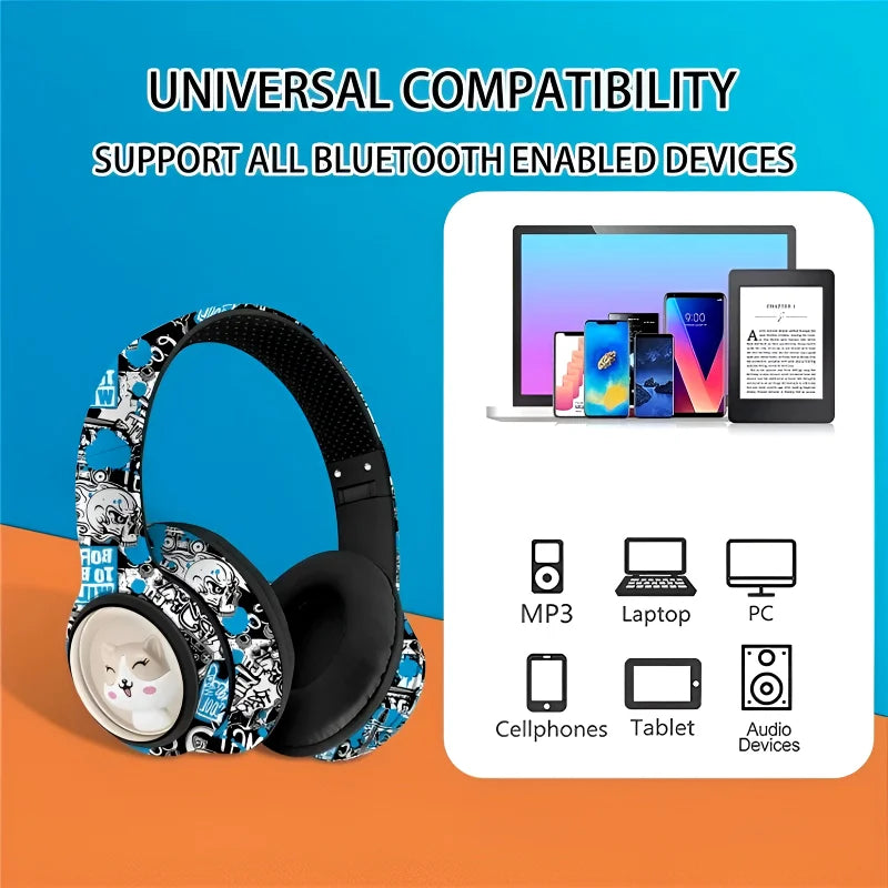 AKZ-36 Creative Graffiti Wireless Headphones | Bluetooth 5.3, Hi-Fi Sound, FM Radio & TF Card