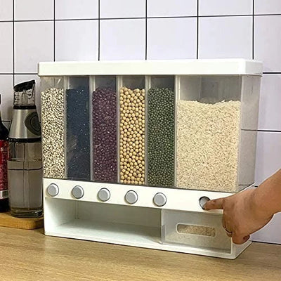6-in-1 Wall Mounted Food Dispenser | Airtight Dry Food Storage Container for Kitchen | Multi-Section Cereal, Rice & Grain Organizer