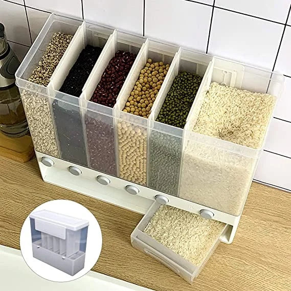 6-in-1 Wall Mounted Food Dispenser | Airtight Dry Food Storage Container for Kitchen | Multi-Section Cereal, Rice & Grain Organizer