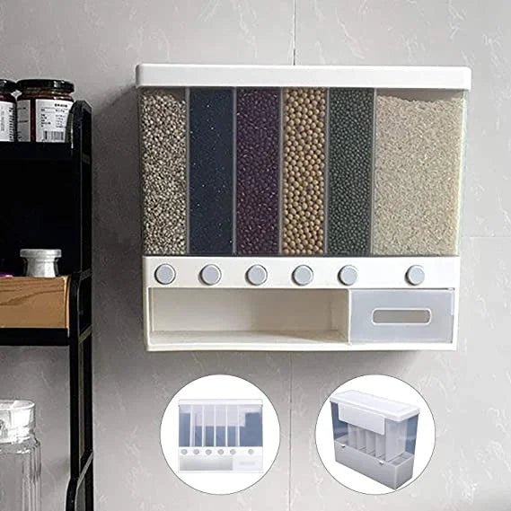 6-in-1 Wall Mounted Food Dispenser | Airtight Dry Food Storage Container for Kitchen | Multi-Section Cereal, Rice & Grain Organizer