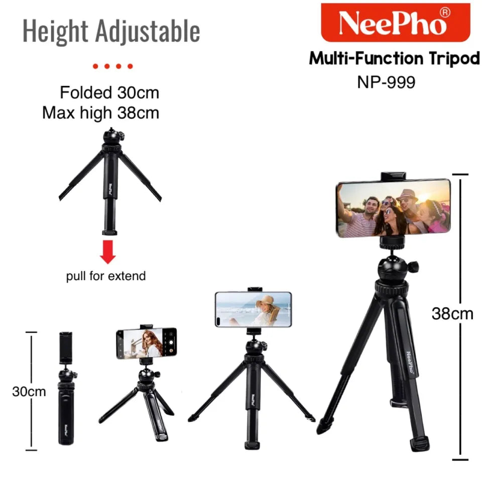 Nepho NP-999 2-in-1 Tripod & Extendable Selfie Stick | Adjustable Height, Universal Smartphone & Camera Mount |  Portable Photography Stand