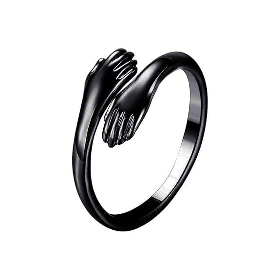 Black & Silver I Love You Hug Ring | Adjustable Hugging Hand Ring