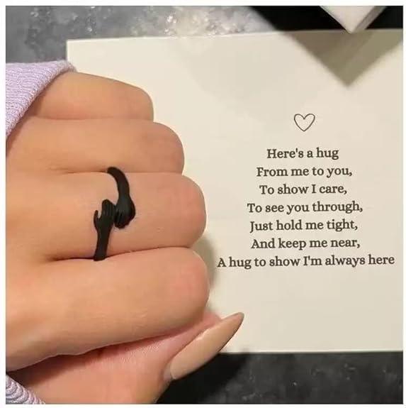 Black & Silver I Love You Hug Ring | Adjustable Hugging Hand Ring