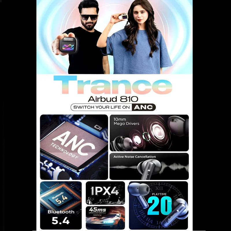 Audionic Trance Airbud 810 Smart Touch Display Earbuds | ANC, Quad Mic, High-Quality Sound, 20H Playtime