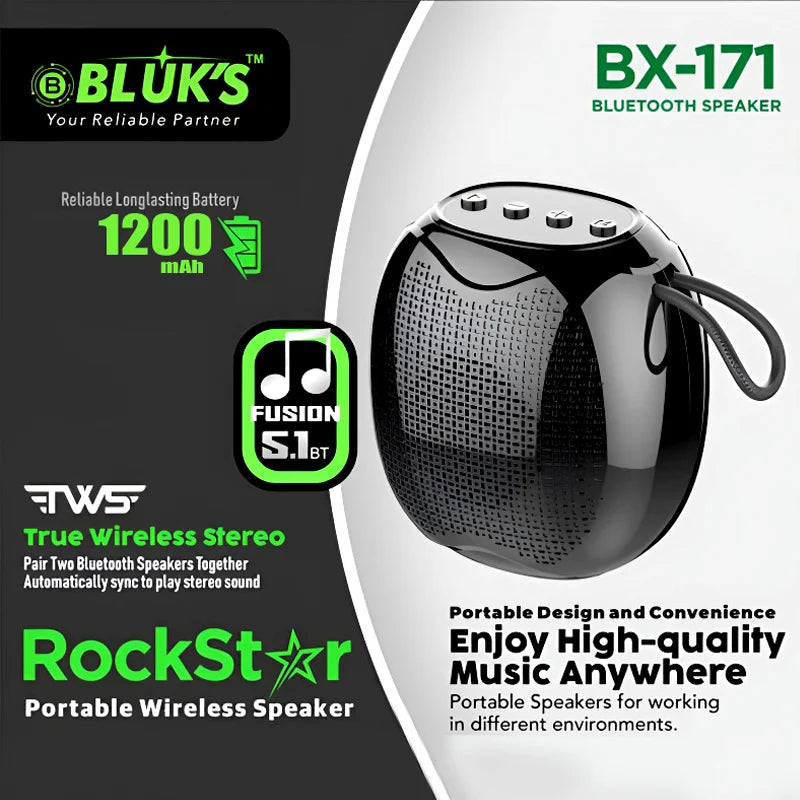 BLUK’S BX-171 Rockstar Portable Bluetooth Speaker – Powerful Bass & Waterproof Design