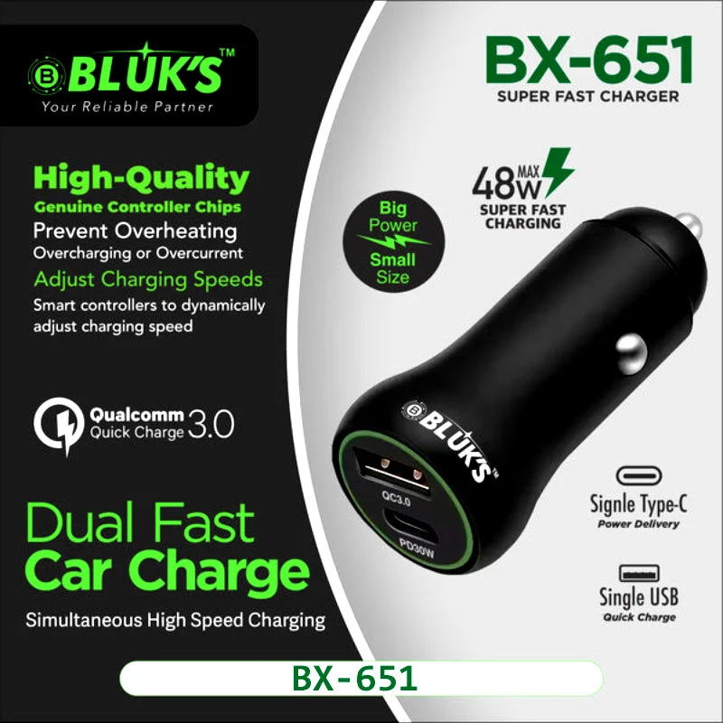 BLUK’S BX-651 48W Dual Fast Car Charger – PD Type-C & QC 3.0 Smart USB Charger