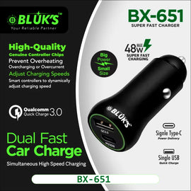 BLUK’S BX-651 48W Dual Fast Car Charger – PD Type-C & QC 3.0 Smart USB Charger Chaudhary Brand Store