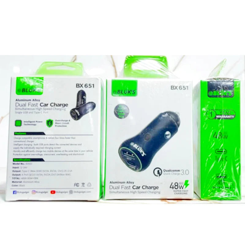 BLUK’S BX-651 48W Dual Fast Car Charger – PD Type-C & QC 3.0 Smart USB Charger