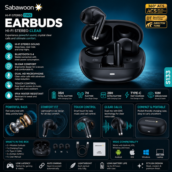 Sabawoon ST33 Wireless Earbuds Bluetooth 5.4 Hi-Fi Stereo TWS Earbuds