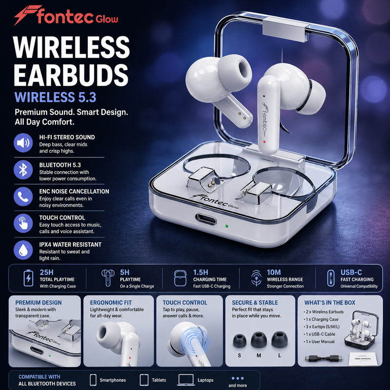 Fontec Glow Wireless Earbuds Bluetooth 5.3 ENC Gaming Earphones