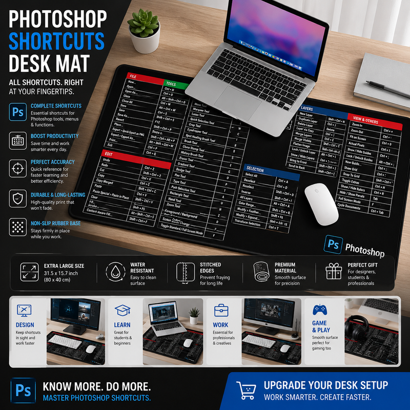 Extra Large Keyboard Mouse Mat – Shortcut Key Pattern Non-Slip Desk Pad 900×400mm