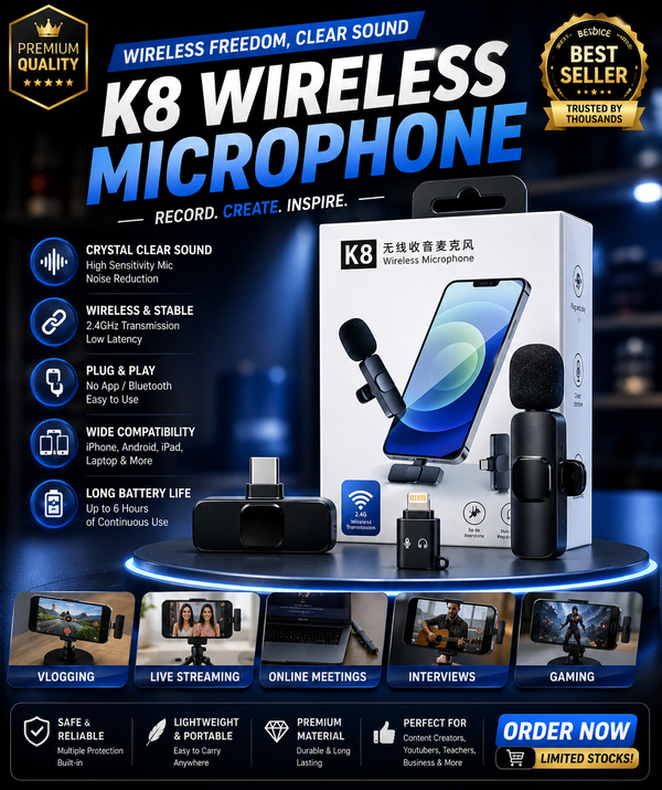 K8 Wireless Microphone | K8 Mic for Mobile | Type-C / iPhone Compatible | Noise Reduction