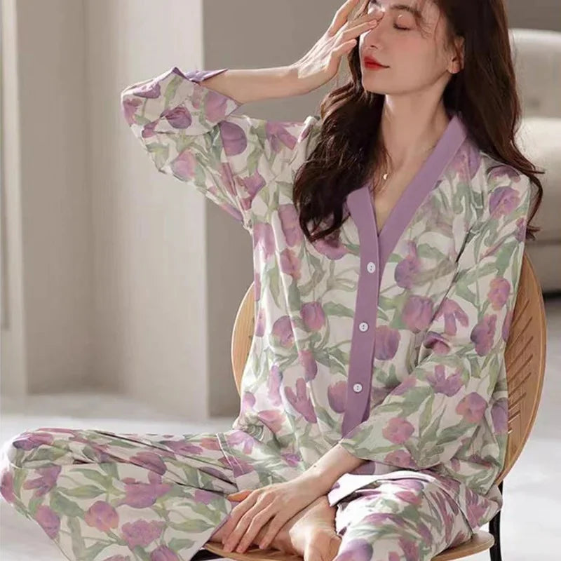 Elegant V-Neck Cardigan Night Suit – Stylish, Breathable, and Comfortable Loungewear for All Seasons - Chaudhary Brand Store 