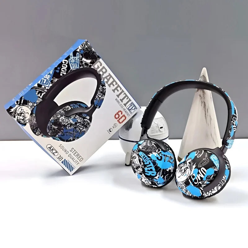 AKZ-38 Graffiti Style Wireless Headphones | Bluetooth, 6D Stereo Sound & Built-in Mic