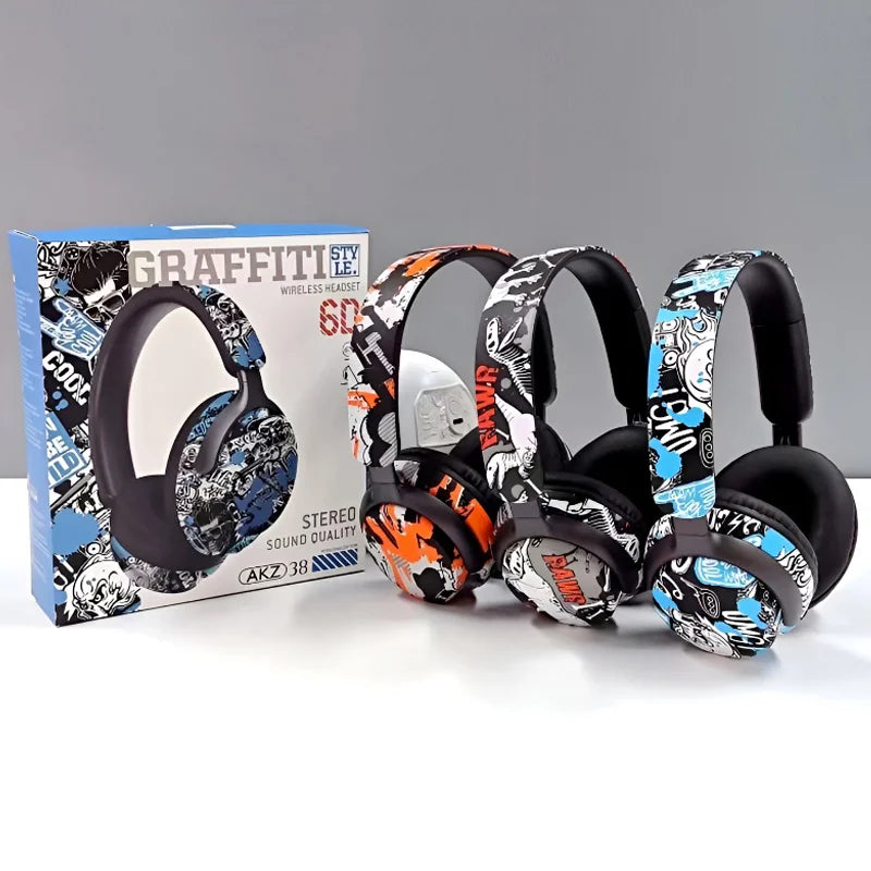 AKZ-38 Graffiti Style Wireless Headphones | Bluetooth, 6D Stereo Sound & Built-in Mic