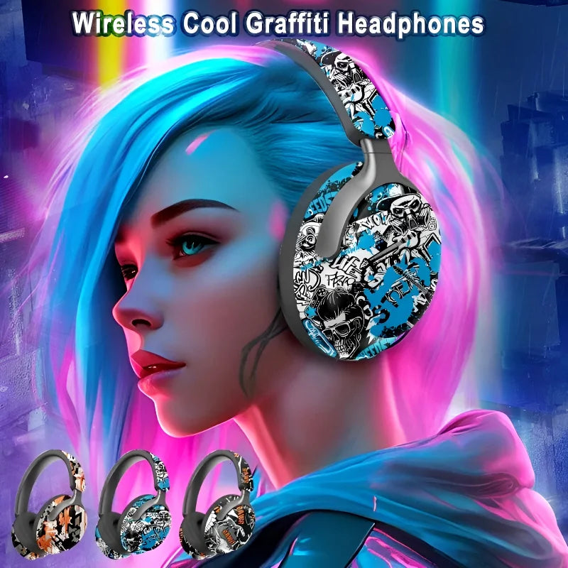 AKZ-38 Graffiti Style Wireless Headphones | Bluetooth, 6D Stereo Sound & Built-in Mic