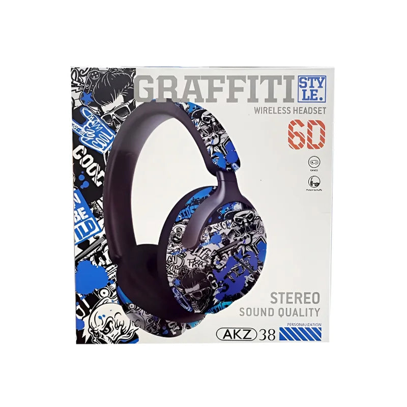 AKZ-38 Graffiti Style Wireless Headphones | Bluetooth, 6D Stereo Sound & Built-in Mic