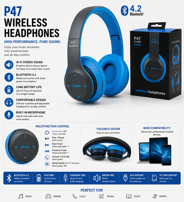 P47 Wireless Headphones | Bluetooth Foldable Headset | Stereo Sound | FM Radio & TF Card Support