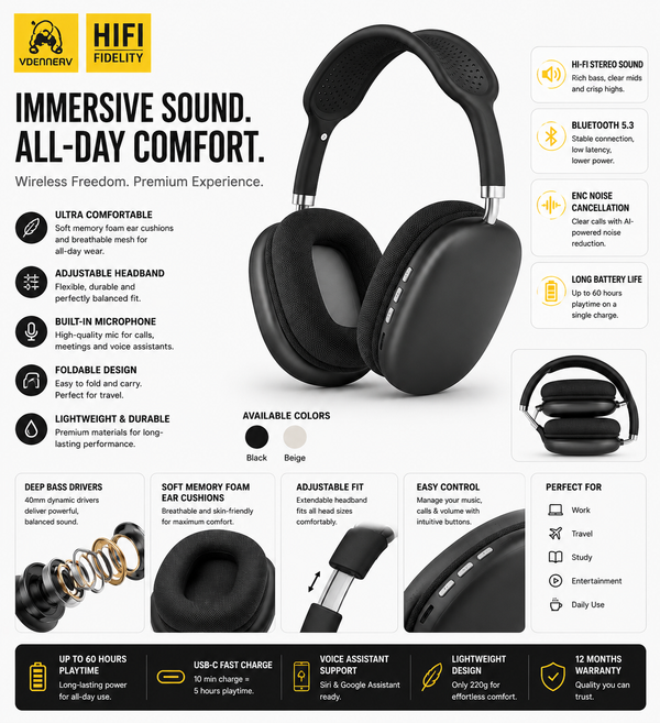 P9 Wireless Bluetooth Headphones | Deep Bass Sound | Comfortable Fit & Long Battery