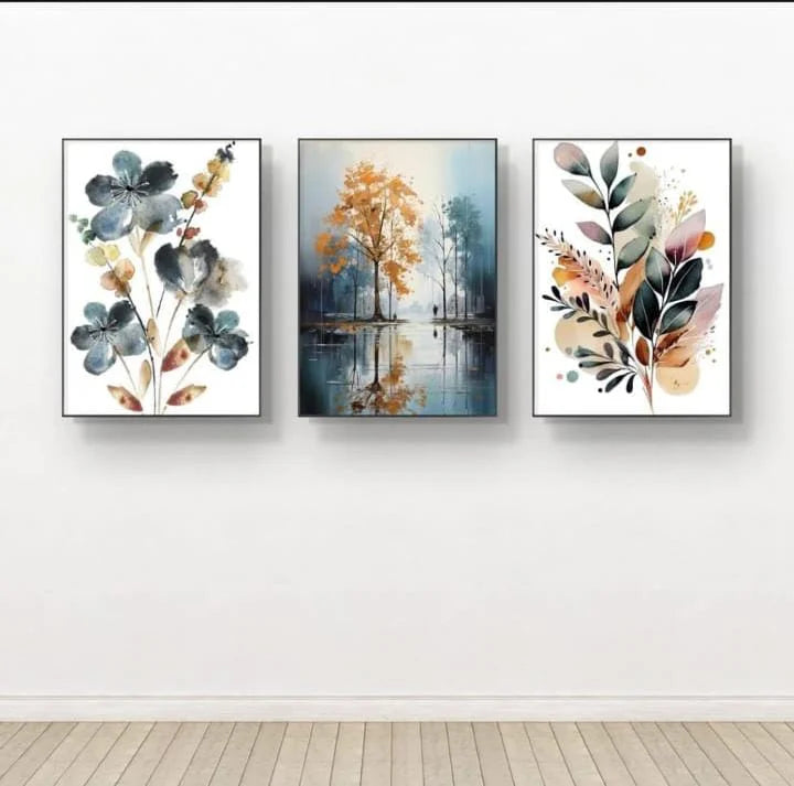 Nature-Inspired Wall Art Set of 3 – Wooden Frames with Botanical & Landscape Prints | 8x11 Inches