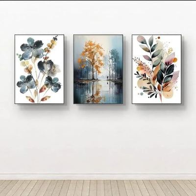 Nature-Inspired Wall Art Set of 3 – Wooden Frames with Botanical & Landscape Prints | 8x11 Inches