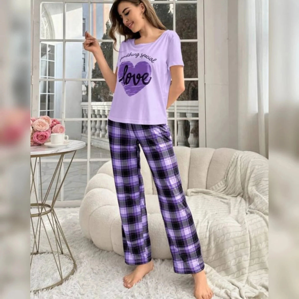 Light Purple With Love Heart Printed and Purple Check Printed Trouser Night Wear - Chaudhary Brand Store 