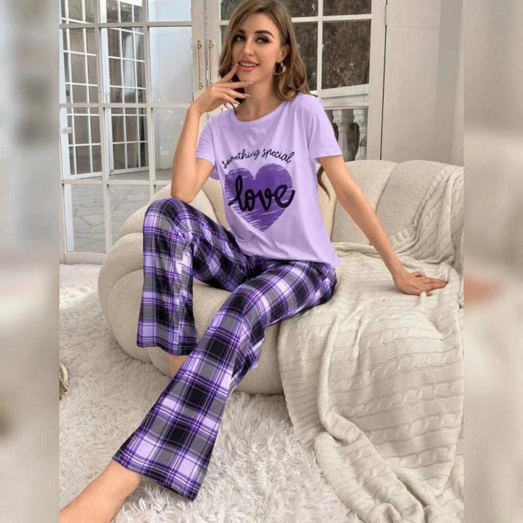 Light Purple With Love Heart Printed and Purple Check Printed Trouser Night Wear - Chaudhary Brand Store 