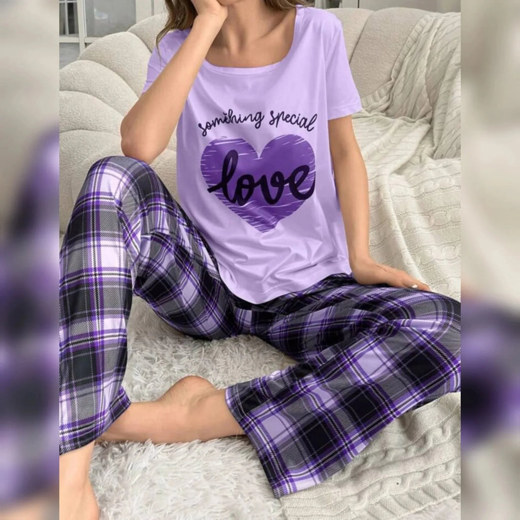 Light Purple With Love Heart Printed and Purple Check Printed Trouser Night Wear - Chaudhary Brand Store 